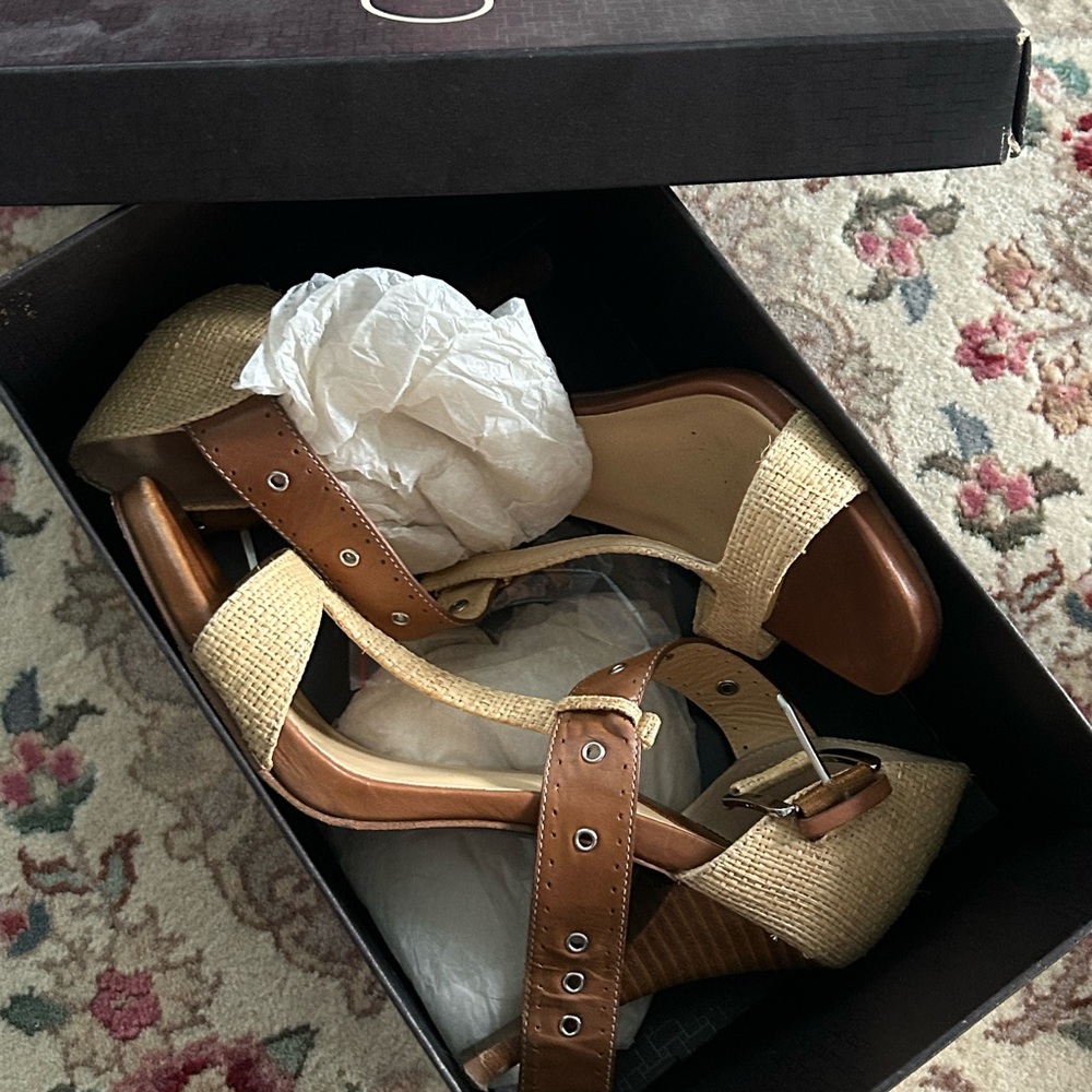 Cole Haan Brown and Cream Wedge Sandals
